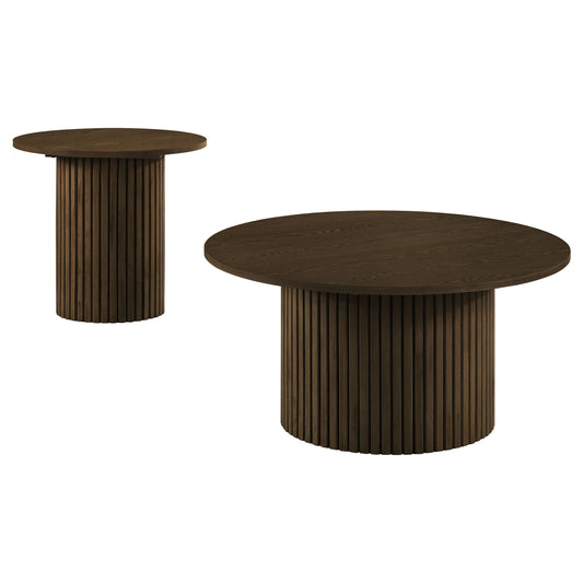 Hamlyn 2-piece Round Fluted Coffee and End Table Set Walnut