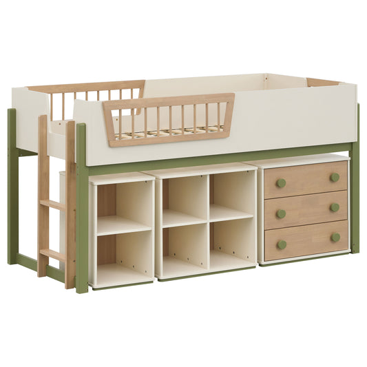 Evren Twin Storage Loft Bed 4-piece Set with Chest and Bookcases Tri-Tone