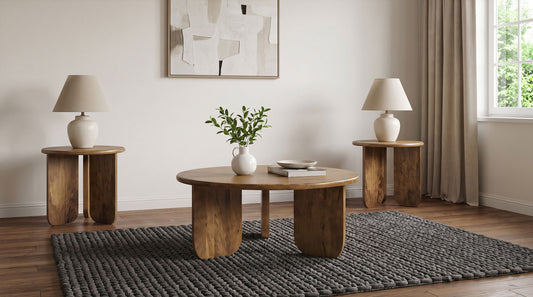 Dale 3-Piece Round Mango Wood Coffee and End Table Set Honey Mango