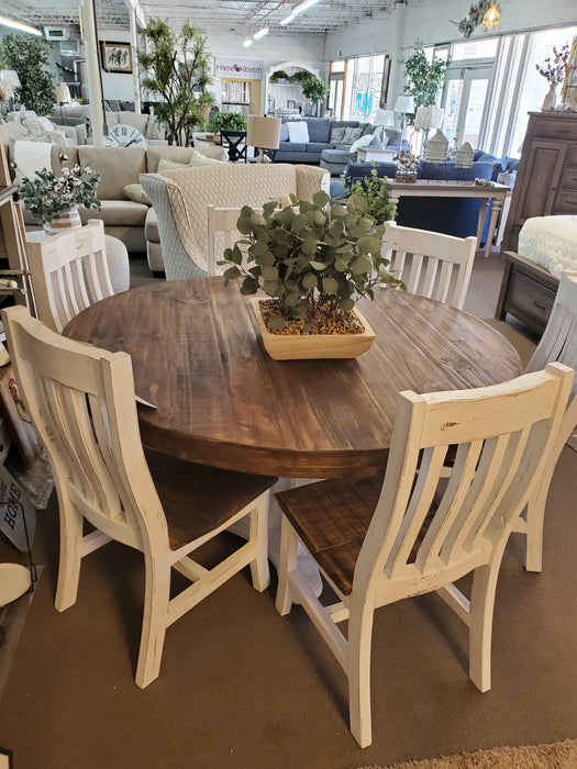 Solid Wood 60" Round White Distressed Dining Table & 6 chairs