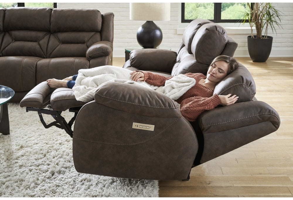 Double Reclining Walnut "Zero Gravity" Triple Power Console Loveseat