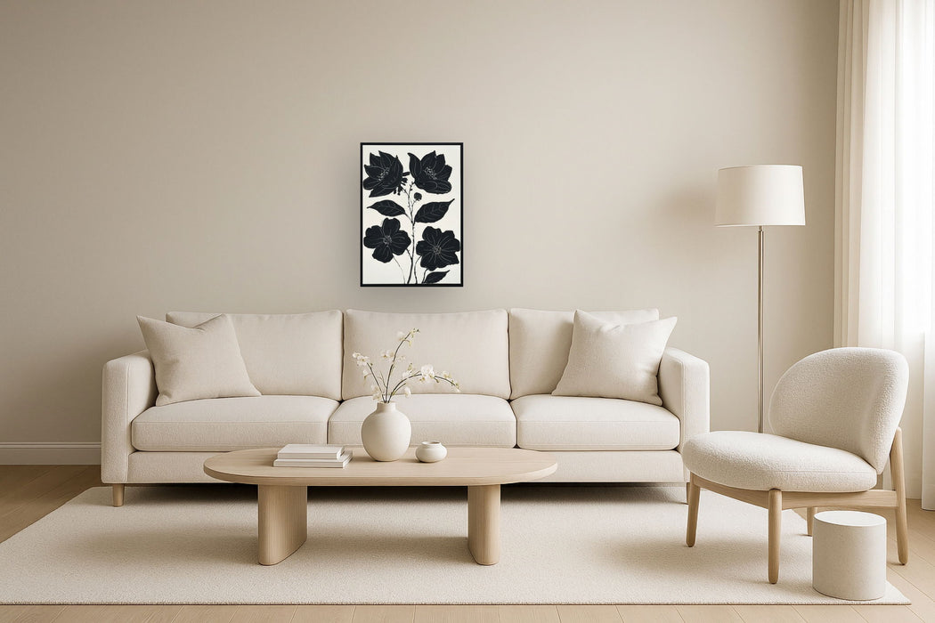 "Nocturnal Blooms I" Hand-Painted Canvas In Frame - Black