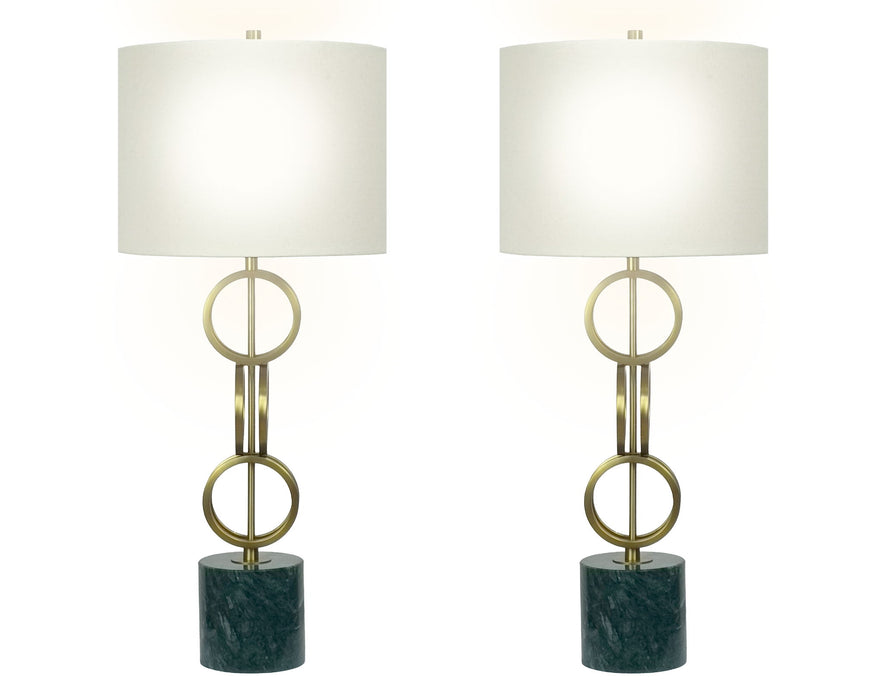 "Marble Harmony" Metal Table Lamp On Marble Base (Set of 2) - Green Marble / Matte Golden Bronze