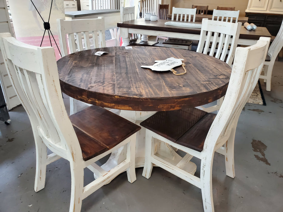 Solid Wood 48" White Distressed Round Table & 4 Chairs