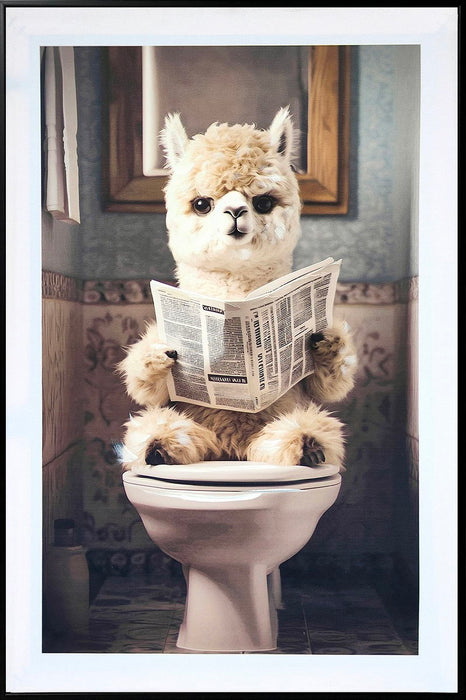 "Quirky Alpaca" Hand-Embellished Canvas In Frame - White / Cream / Blue