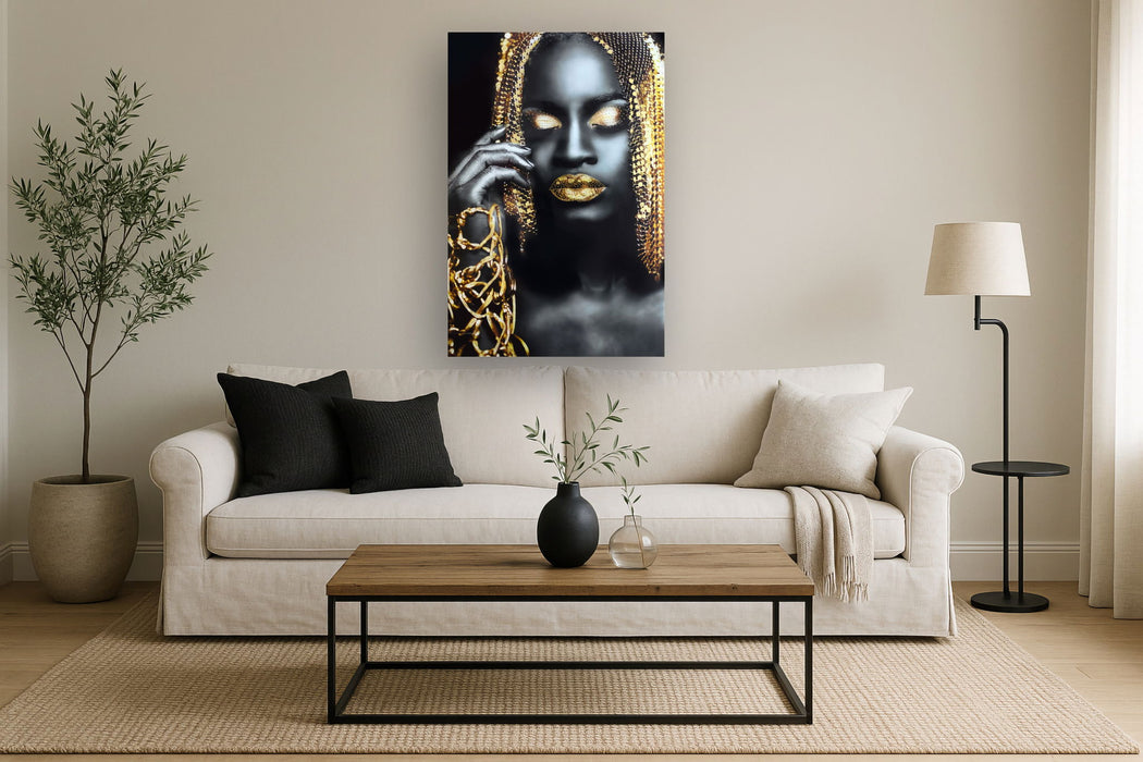 Temp Glass With Foil & Rhinestones - Woman Gold Hair - Black