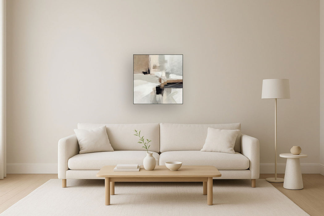 "Earthy Abstraction II" Hand-Embellished Canvas In Frame - Neutral / Black / White