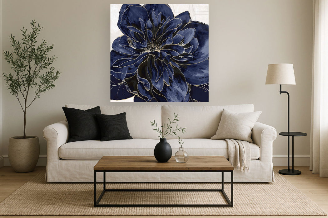 Floating Tempered Glass With Foil Open Peony - Blue
