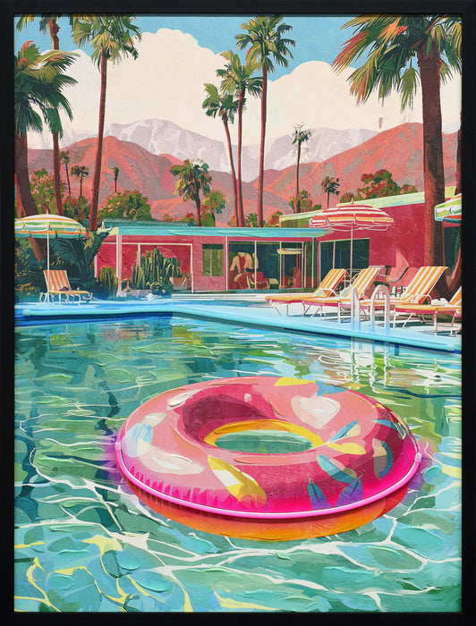 Poolside Escape Hand-Embellished LED Canvas In Frame - Green / Pink