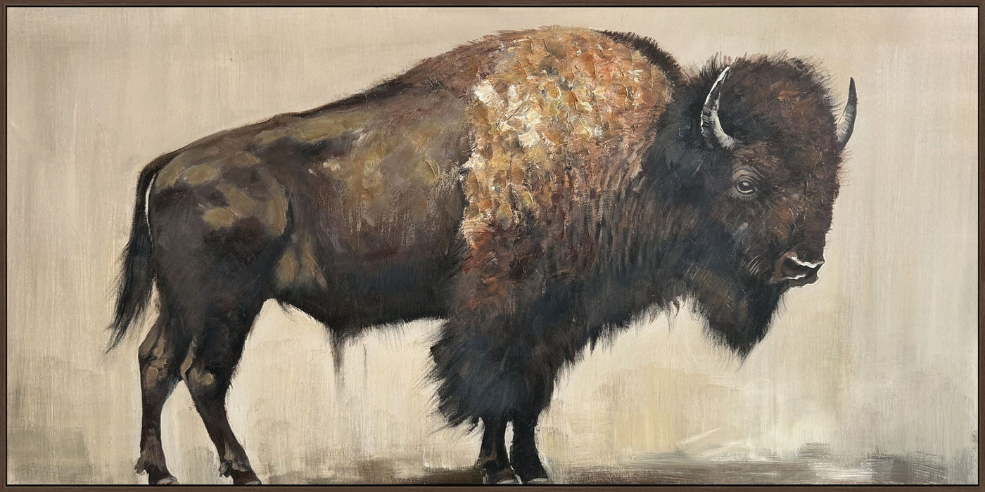 "Majestic Bison" Hand-Embellished Canvas In Frame - Brown / Earthy Tones