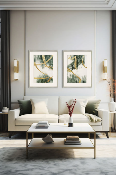 "Golden Strokes I" Hand-Embellished Canvas Framed Under Acrylic - Gold / Green / White