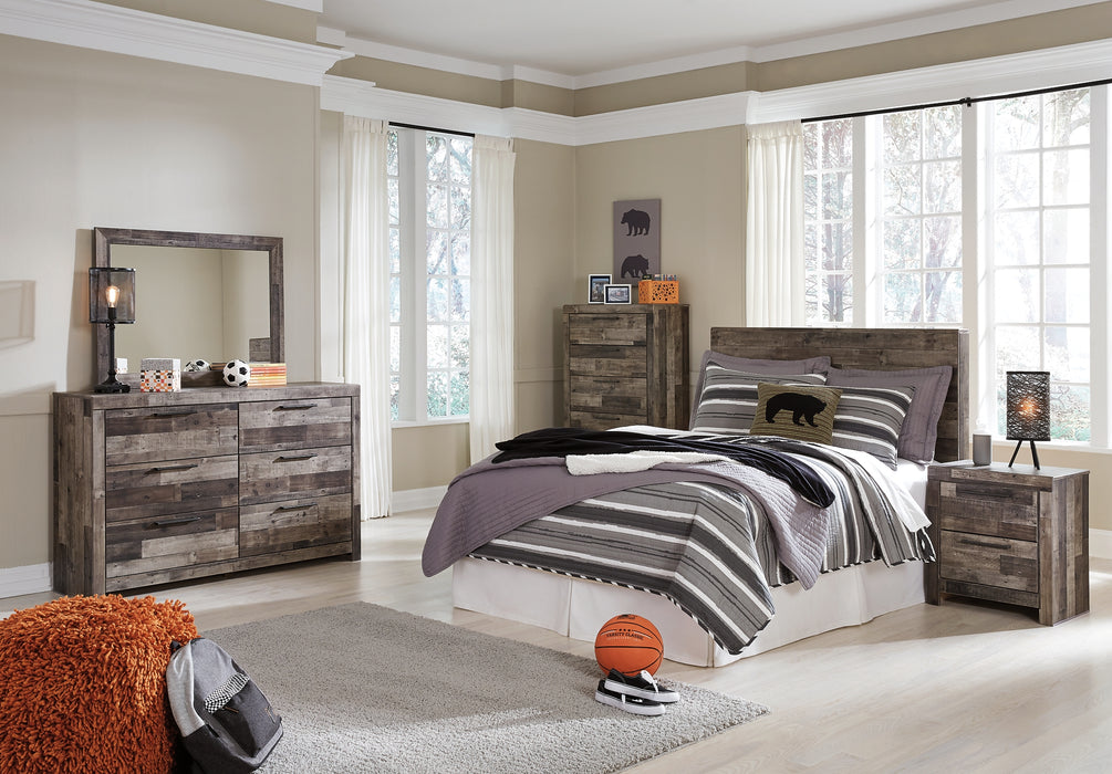Derekson Full Panel Headboard Bed with Mirrored Dresser, Chest and Nightstand