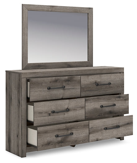 Graystorm King Panel Bed with Mirrored Dresser, Chest and Nightstand