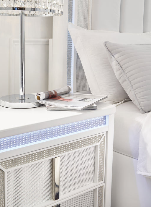 Chalanna California King Upholstered Storage Bed with Mirrored Dresser, Chest and Nightstand