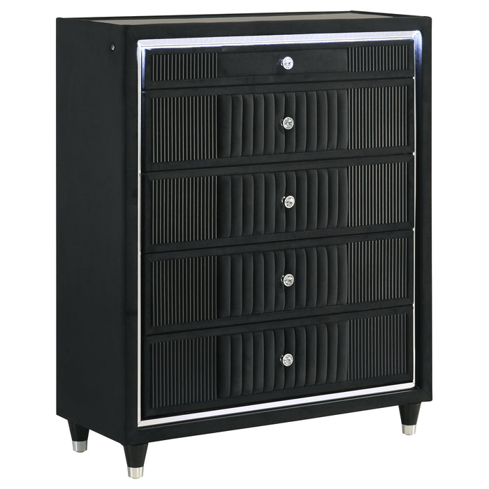Ravenne 5-drawer Velvet Upholstered LED Chest of Drawers Black