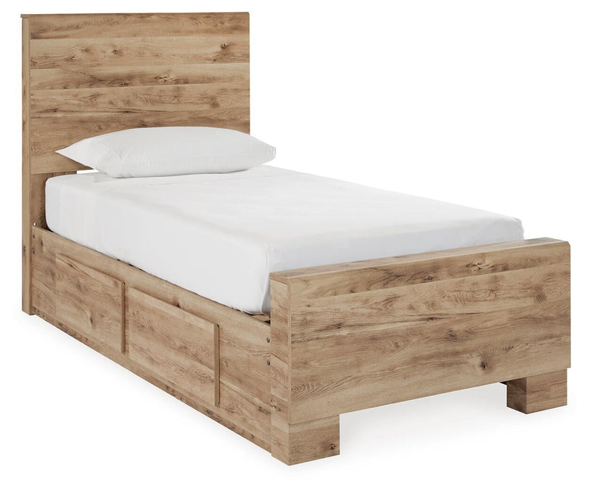 Hyanna Twin Panel Bed with 1 Side Storage, Dresser, Mirror, Chest and Nightstand
