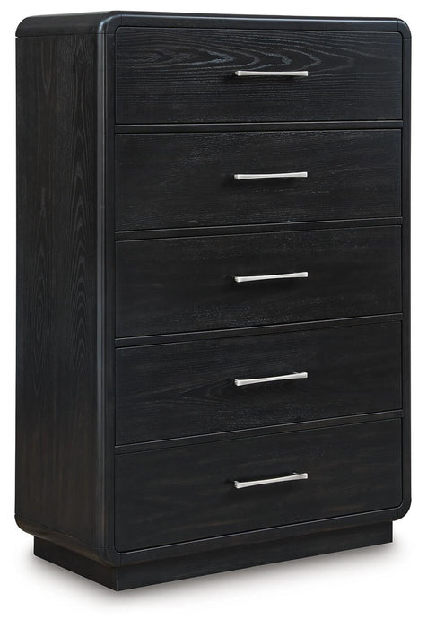 Rowanbeck California King Upholstered Panel Bed, Dresser, Mirror, Chest and Nightstand