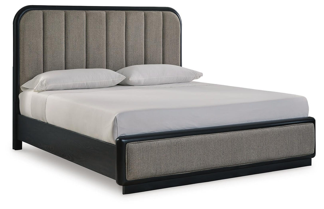 Rowanbeck King Upholstered Panel Bed, Dresser, Mirror, Chest and Nightstand