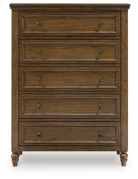 Sturlayne King Upholstered Panel Bed, Dresser, Mirror, Chest and Nightstand