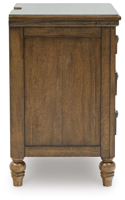 Sturlayne King Upholstered Panel Bed, Dresser, Mirror, Chest and Nightstand