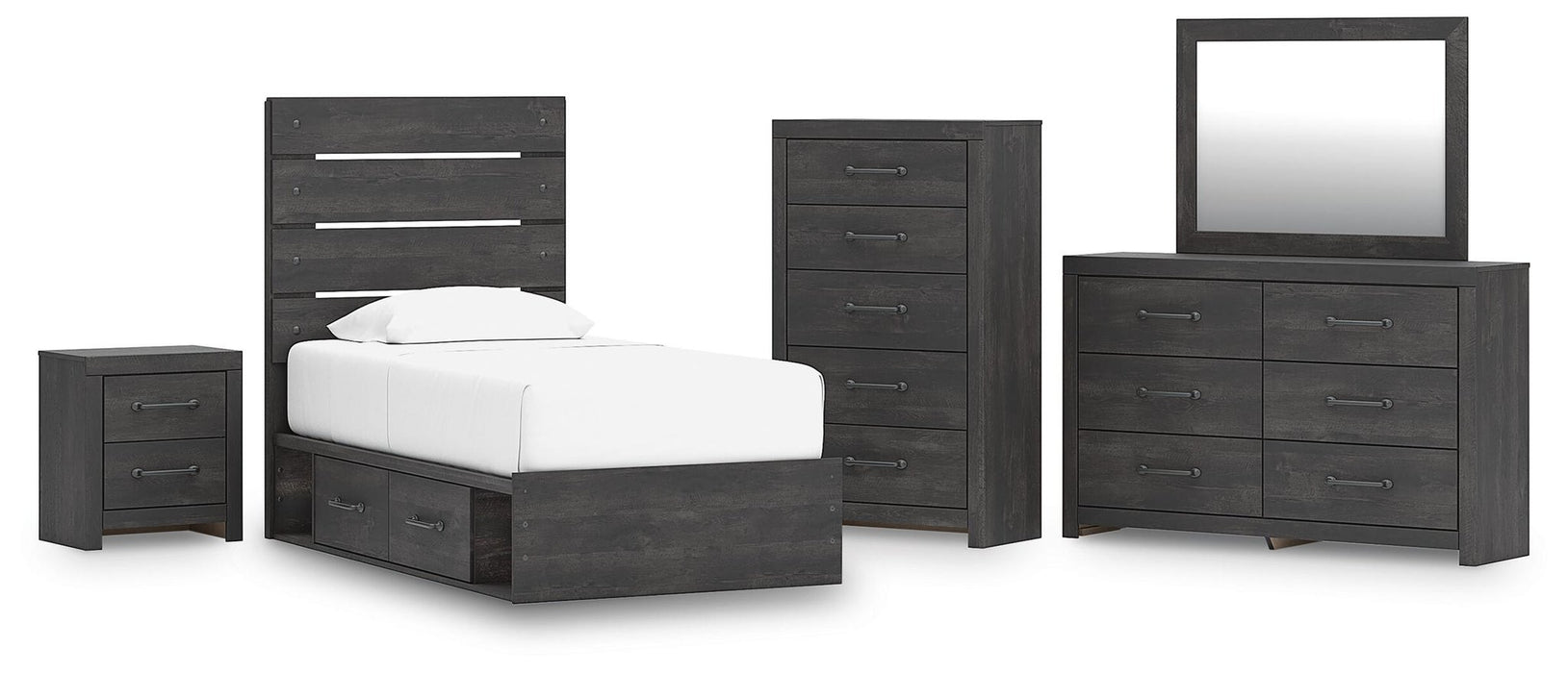 Hollivern Twin Panel Bed with Storage, Dresser, Mirror, Chest and Nightstand