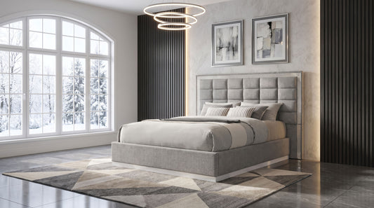 Viana Eastern King Chenille Platform Bed Grey and White High Gloss