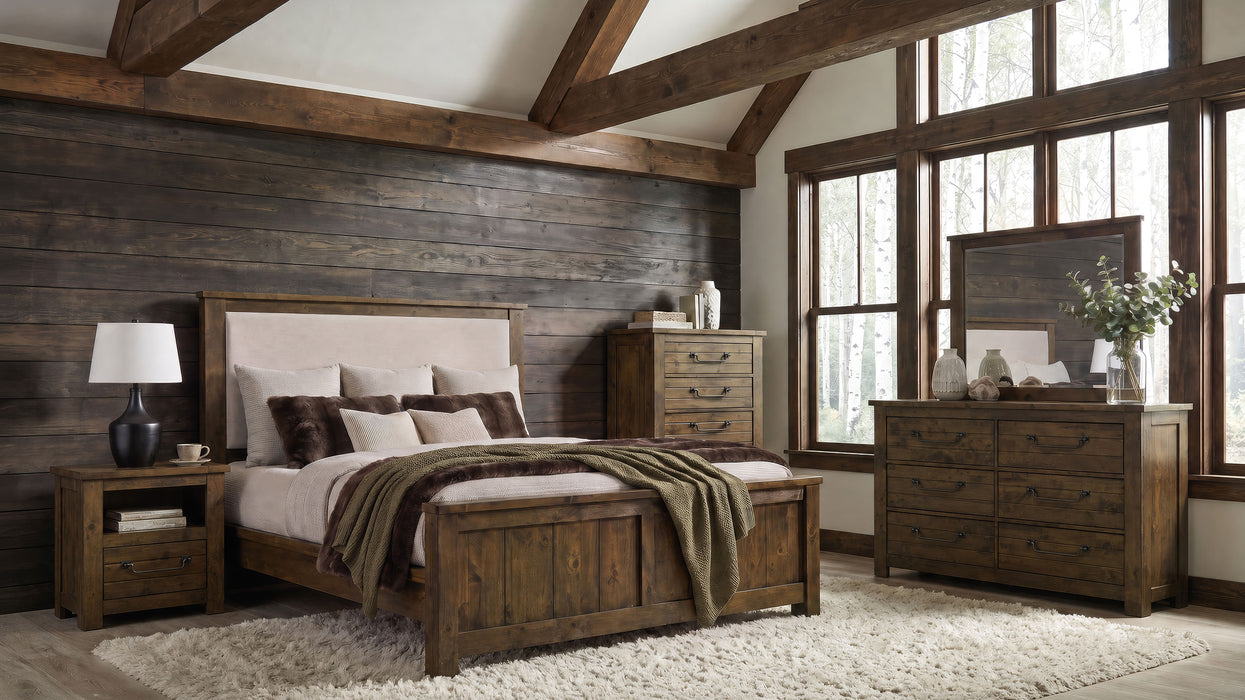 Doherty Queen Linen Upholstered Panel Bed Rustic Brown
