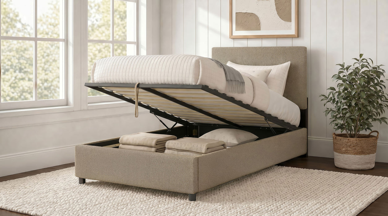 Reeves Upholstered Twin Lift-Top Storage Platform Bed Tan
