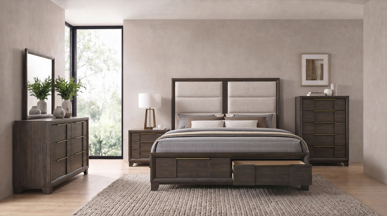 Farre Eastern King Upholstered Storage Platform Bed Dark Brown